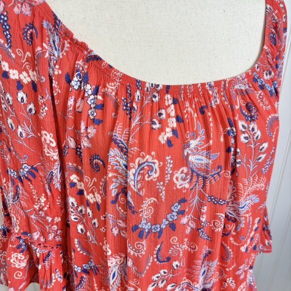 Democracy Women's Floral Boho Peasant Top Bell Sleeves Ruffle Hem Small Red/Blue - Picture 2 of 10